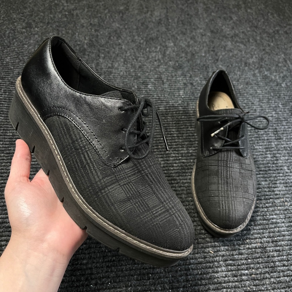 Clarks Sharon Noel Oxford Shoe Women 9 Black Leather Plaid Platform Wedge career